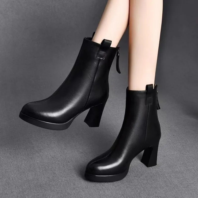 Soft Leather High Heel Boots Female Plus Velvet Genuine Leather